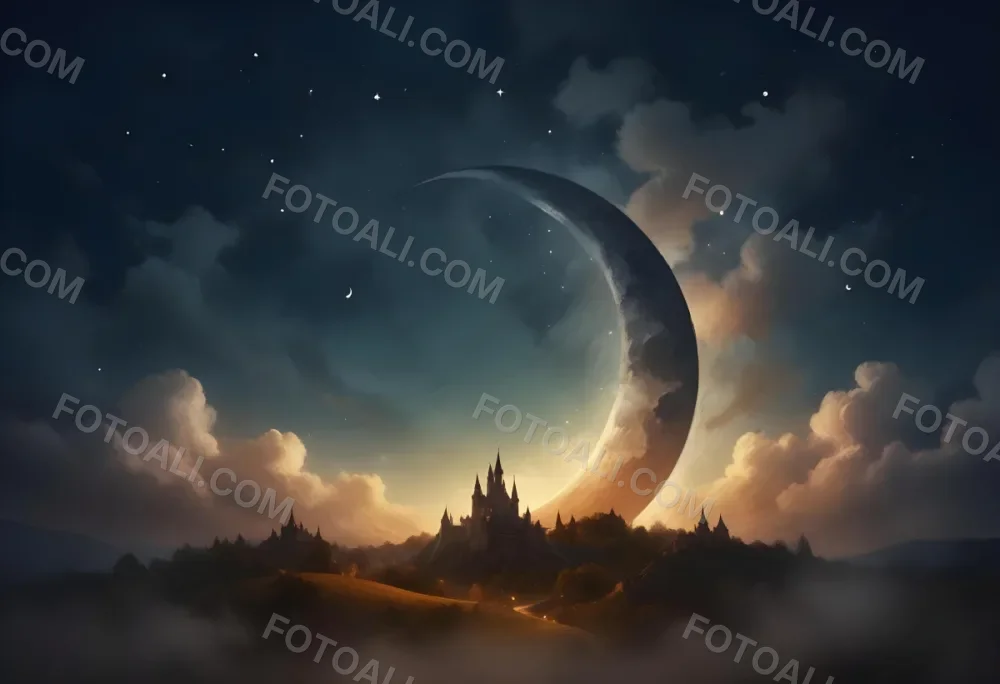 Digital Painting A Giant Crescent Moon Over A Castle On A Hill The Sky Is Cloudy With Stars The Moon Is Textured And Illuminated Dreamy Atmosphere Bold And Slim Lines Brush Strokes 19 6e07