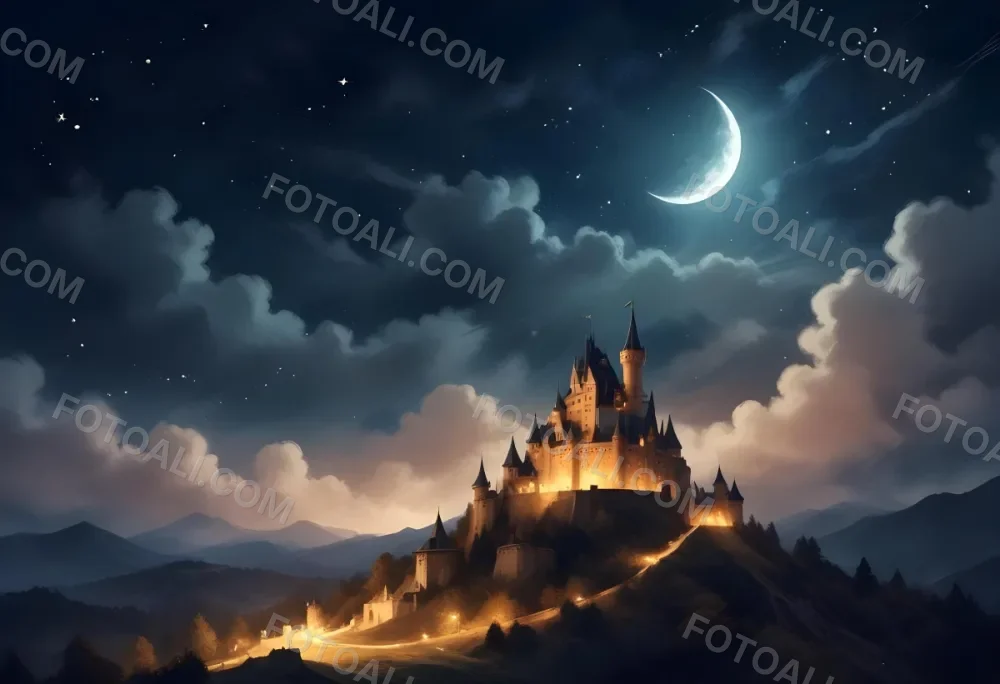 Digital Painting A Giant Crescent Moon Over A Castle On A Hill The Sky Is Cloudy With Stars The Moon Is Textured And Illuminated Dreamy Atmosphere Bold And Slim Lines Brush Strokes 2 119c