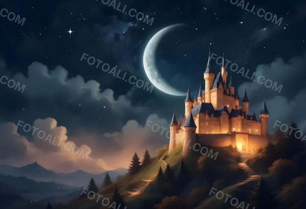 Digital Painting A Giant Crescent Moon Over A Castle On A Hill The Sky Is Cloudy With Stars The Moon Is Textured And Illuminated Dreamy Atmosphere Bold And Slim Lines Brush Strokes 3 2a27