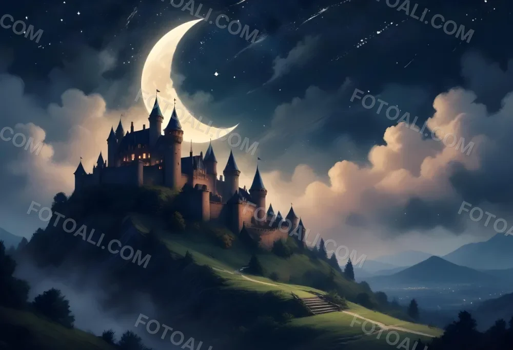 Digital Painting A Giant Crescent Moon Over A Castle On A Hill The Sky Is Cloudy With Stars The Moon Is Textured And Illuminated Dreamy Atmosphere Bold And Slim Lines Brush Strokes 4 6829