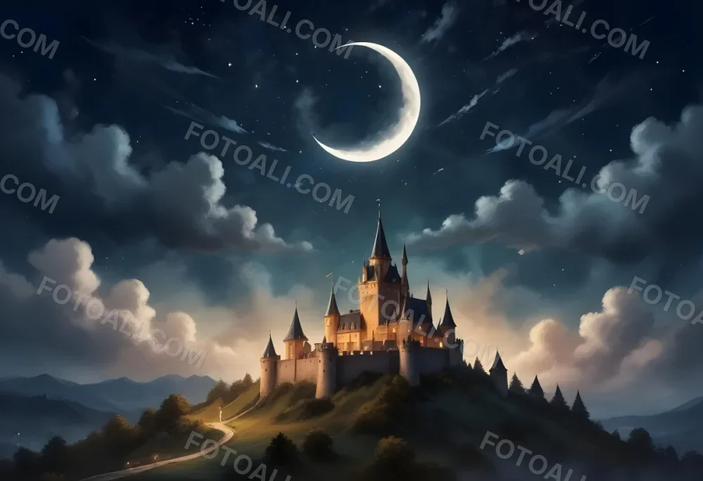 Digital Painting A Giant Crescent Moon Over A Castle On A Hill The Sky Is Cloudy With Stars The Moon Is Textured And Illuminated Dreamy Atmosphere Bold And Slim Lines Brush Strokes 5 D99e