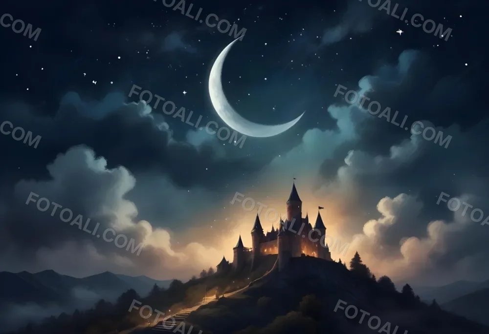 Digital Painting A Giant Crescent Moon Over A Castle On A Hill The Sky Is Cloudy With Stars The Moon Is Textured And Illuminated Dreamy Atmosphere Bold And Slim Lines Brush Strokes 6 1939