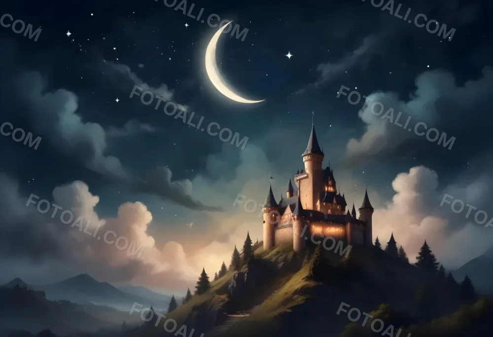Digital Painting A Giant Crescent Moon Over A Castle On A Hill The Sky Is Cloudy With Stars The Moon Is Textured And Illuminated Dreamy Atmosphere Bold And Slim Lines Brush Strokes 7 6ca1