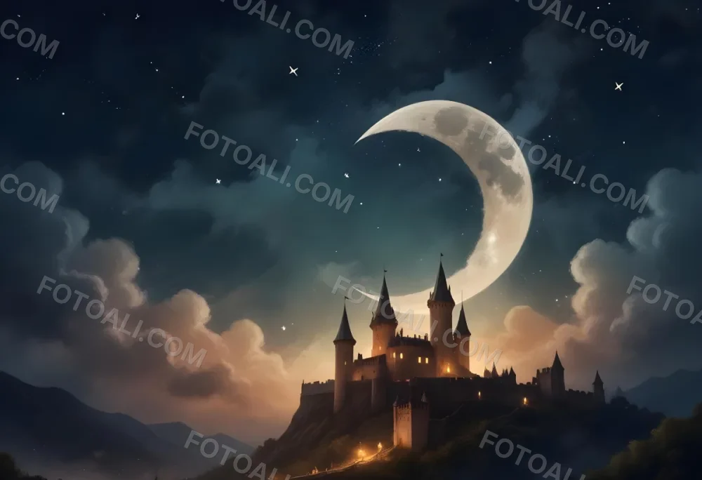 Digital Painting A Giant Crescent Moon Over A Castle On A Hill The Sky Is Cloudy With Stars The Moon Is Textured And Illuminated Dreamy Atmosphere Bold And Slim Lines Brush Strokes 8 526a