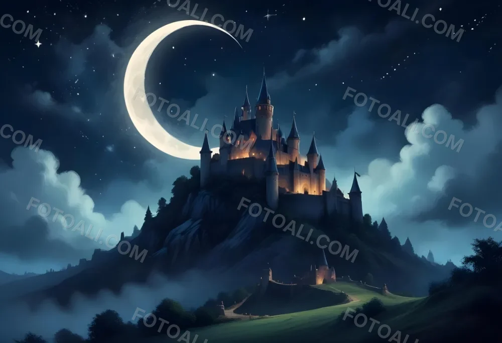 Digital Painting A Giant Crescent Moon Over A Castle On A Hill The Sky Is Cloudy With Stars The Moon Is Textured And Illuminated Dreamy Atmosphere Bold And Slim Lines Brush Strokes 9 91fe