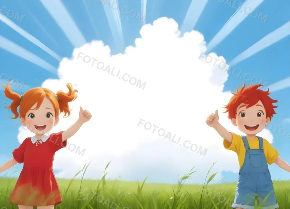 Digital Painting A Girl With Red Hair And Pigtails Wearing A Yellow Dress Stands On The Left And A Boy With Red Hair Wearing A Blue Shirt And White Shorts Stands On The Right They Are Both Smiling And Have Their Arms Rai 1 272b