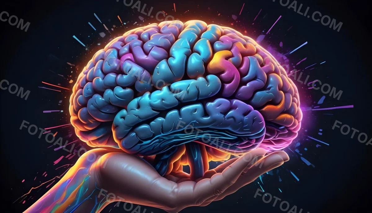 Digital Painting A Glowing Colorful Brain With A Hand Reaching Towards It Surrounded By A Dark Background With Futuristic Digital Elements Bold And Slim Lines Brush Strokes 1 Bd0a