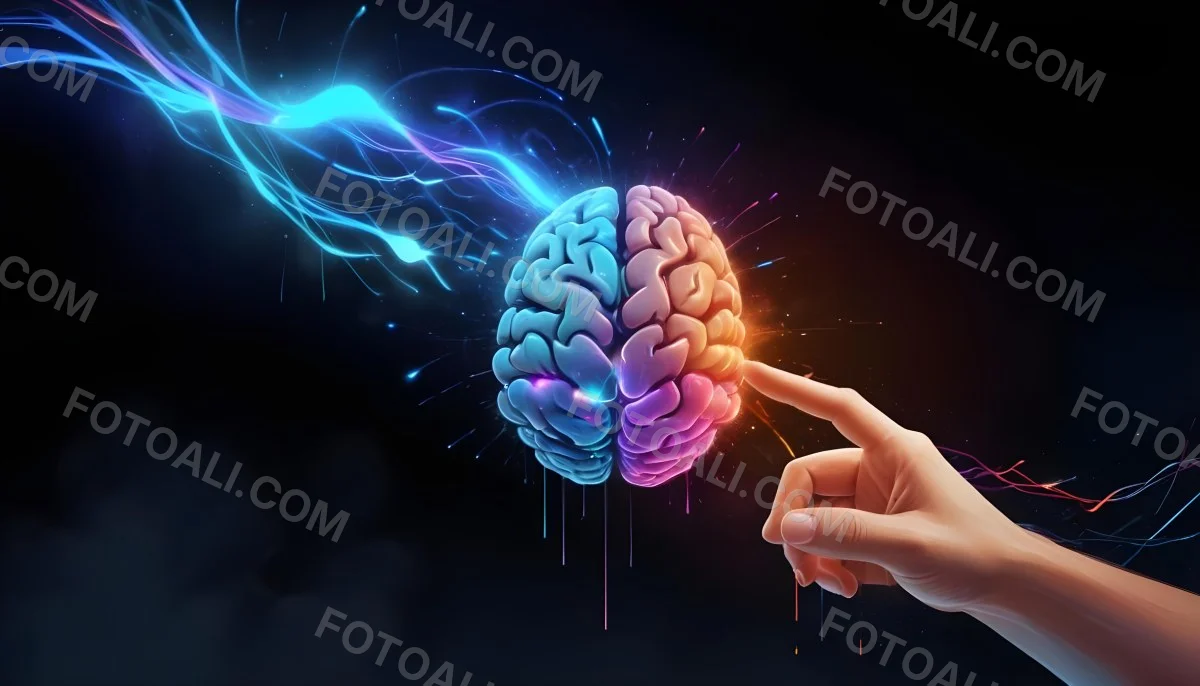 Digital Painting A Glowing Colorful Brain With A Hand Reaching Towards It Surrounded By A Dark Background With Futuristic Digital Elements Bold And Slim Lines Brush Strokes 2 C067