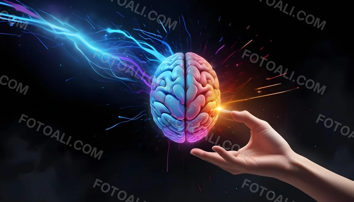 Digital Painting A Glowing Colorful Brain With A Hand Reaching Towards It Surrounded By A Dark Background With Futuristic Digital Elements Bold And Slim Lines Brush Strokes 3 9017
