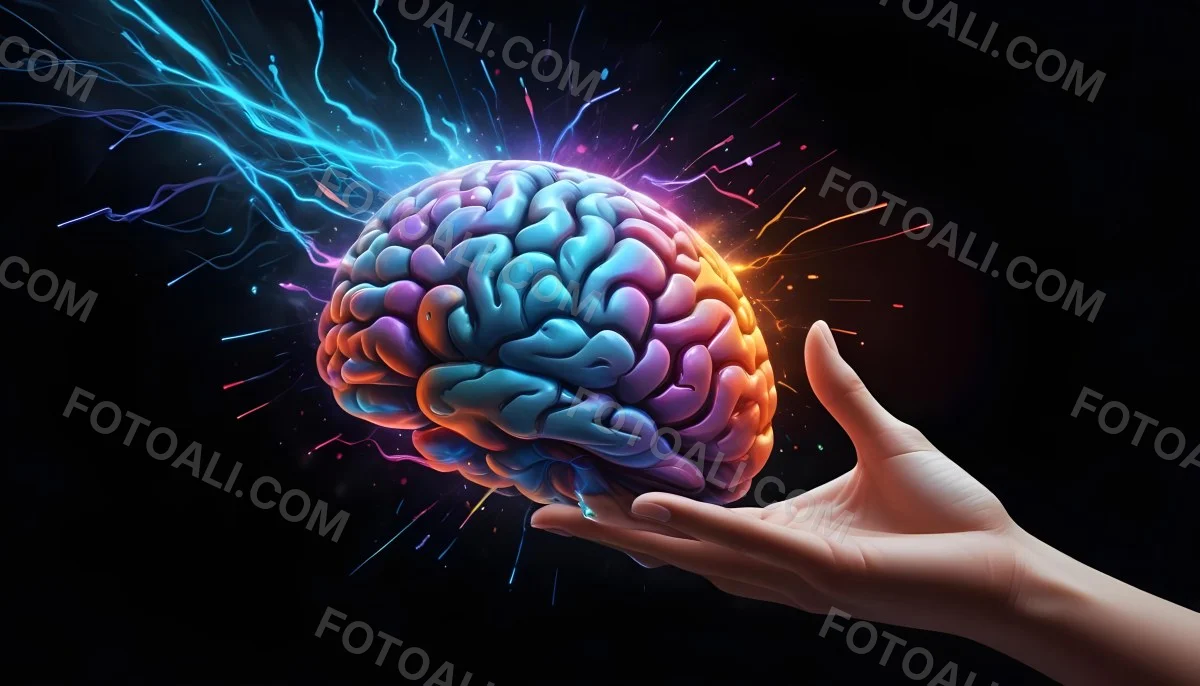 Digital Painting A Glowing Colorful Brain With A Hand Reaching Towards It Surrounded By A Dark Background With Futuristic Digital Elements Bold And Slim Lines Brush Strokes 4 0384