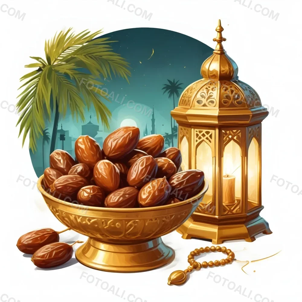 Digital Painting A Golden Bowl Full Of Dates A Golden Lantern A Palm Tree And A Rosary In A Mosque At Night Bold And Slim Lines Brush Strokes 1 37e7