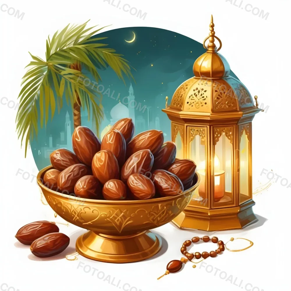 Digital Painting A Golden Bowl Full Of Dates A Golden Lantern A Palm Tree And A Rosary In A Mosque At Night Bold And Slim Lines Brush Strokes 13 C575
