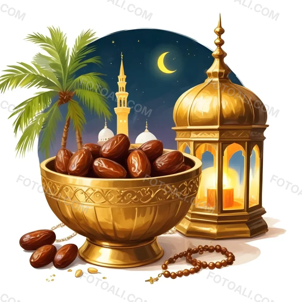 Digital Painting A Golden Bowl Full Of Dates A Golden Lantern A Palm Tree And A Rosary In A Mosque At Night Bold And Slim Lines Brush Strokes 14 Dec0