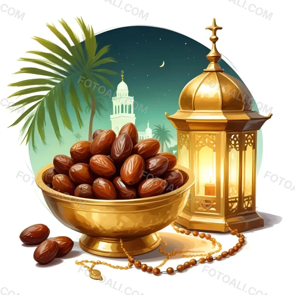 Digital Painting A Golden Bowl Full Of Dates A Golden Lantern A Palm Tree And A Rosary In A Mosque At Night Bold And Slim Lines Brush Strokes 15 8e5e