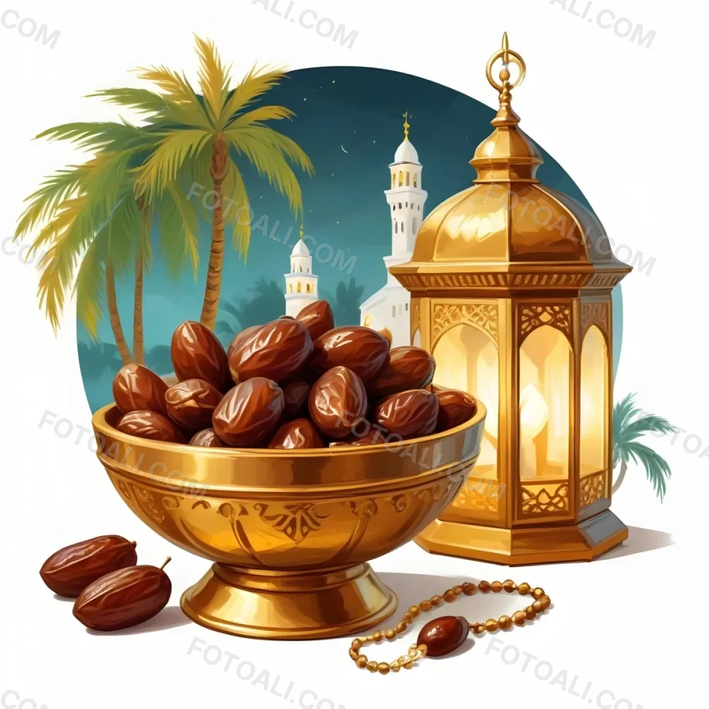 Digital Painting A Golden Bowl Full Of Dates A Golden Lantern A Palm Tree And A Rosary In A Mosque At Night Bold And Slim Lines Brush Strokes 17 5f47