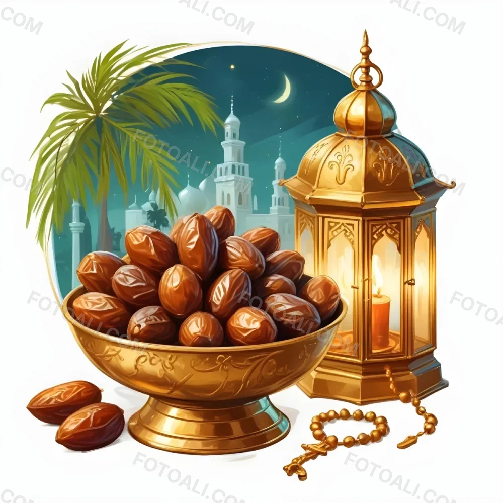 Digital Painting A Golden Bowl Full Of Dates A Golden Lantern A Palm Tree And A Rosary In A Mosque At Night Bold And Slim Lines Brush Strokes 5 4559