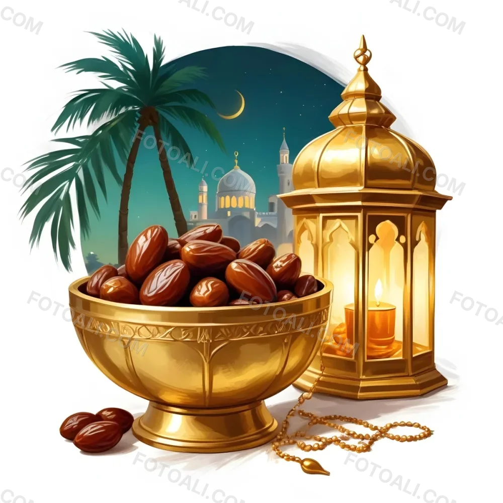 Digital Painting A Golden Bowl Full Of Dates A Golden Lantern A Palm Tree And A Rosary In A Mosque At Night Bold And Slim Lines Brush Strokes 6 26a0