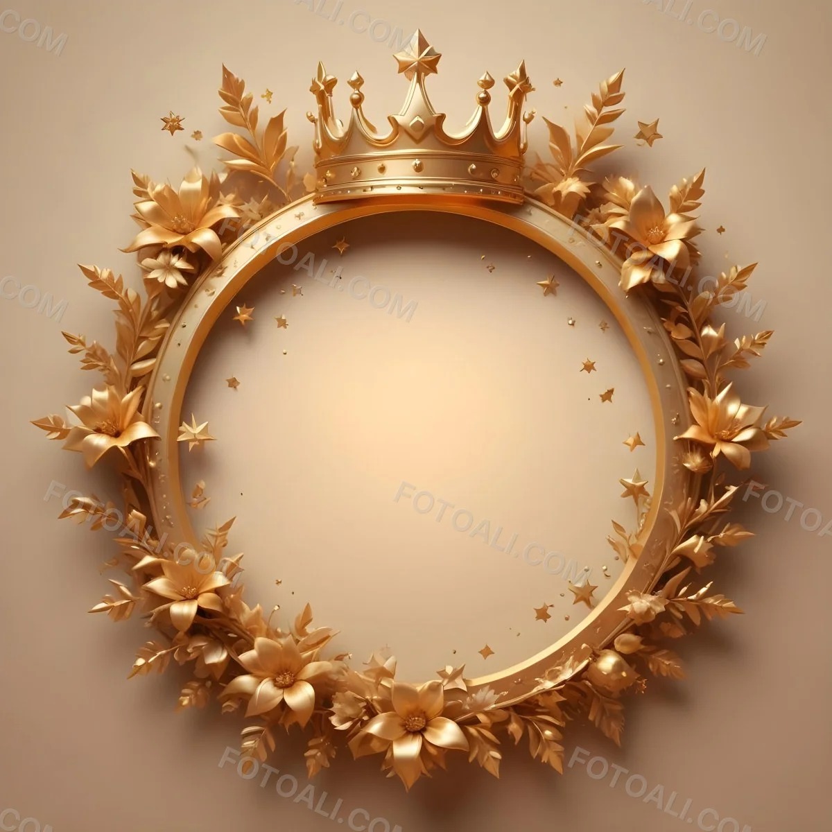 Digital Painting A Golden Circular Frame With A Crown On Top Surrounded By Stars And Floral Elements The Frame Has A Warm Glowing Background Bold And Slim Lines Brush Strokes 10 6e34