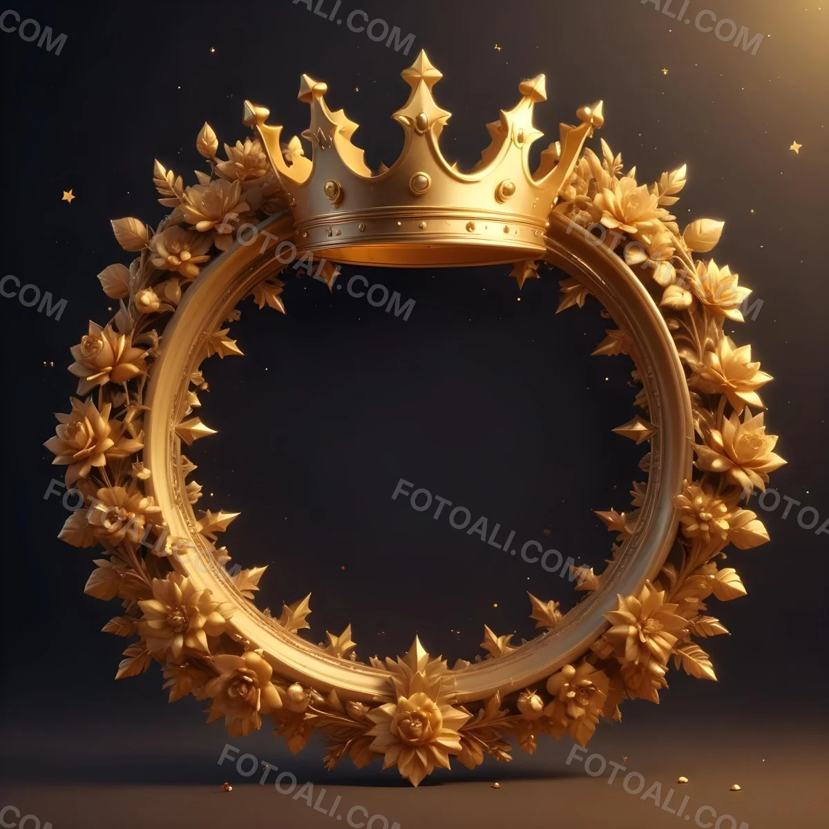 Digital Painting A Golden Circular Frame With A Crown On Top Surrounded By Stars And Floral Elements The Frame Has A Warm Glowing Background Bold And Slim Lines Brush Strokes 11 8d8d