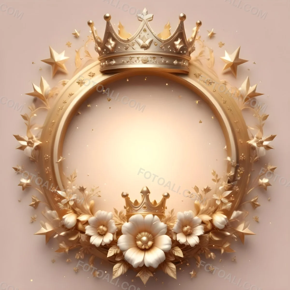 Digital Painting A Golden Circular Frame With A Crown On Top Surrounded By Stars And Floral Elements The Frame Has A Warm Glowing Background Bold And Slim Lines Brush Strokes 14 Fb14