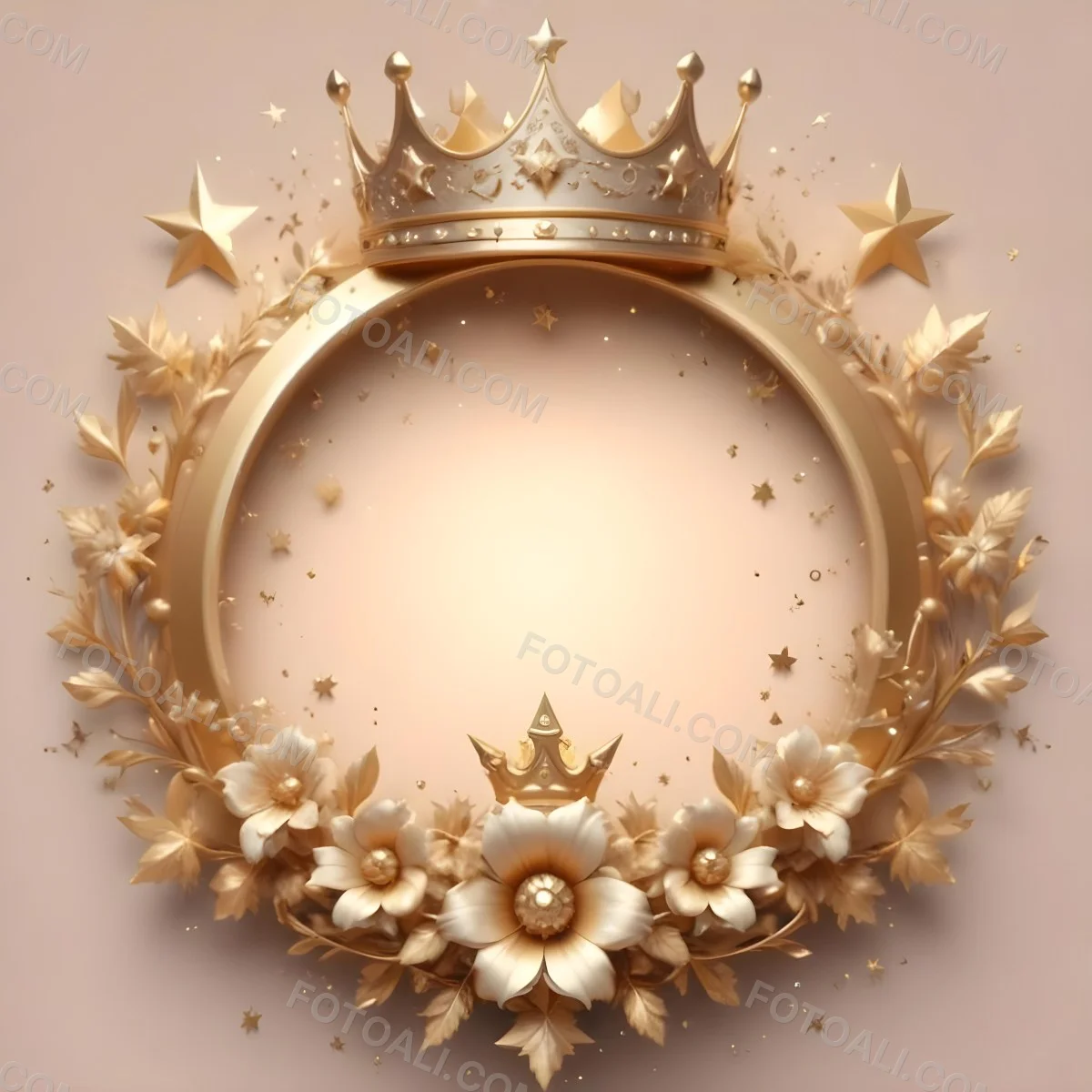 Digital Painting A Golden Circular Frame With A Crown On Top Surrounded By Stars And Floral Elements The Frame Has A Warm Glowing Background Bold And Slim Lines Brush Strokes 18 92a3