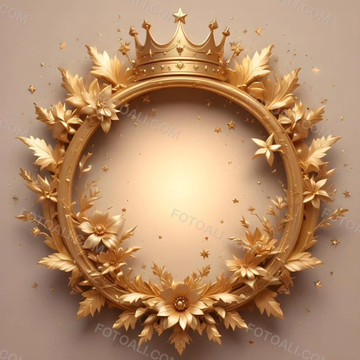 Digital Painting A Golden Circular Frame With A Crown On Top Surrounded By Stars And Floral Elements The Frame Has A Warm Glowing Background Bold And Slim Lines Brush Strokes 19 251e