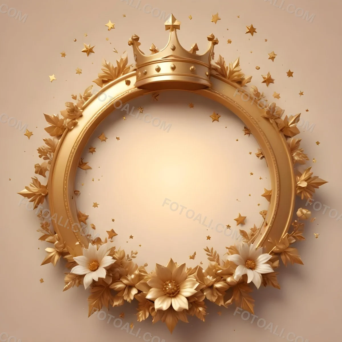 Digital Painting A Golden Circular Frame With A Crown On Top Surrounded By Stars And Floral Elements The Frame Has A Warm Glowing Background Bold And Slim Lines Brush Strokes 21 2bf4