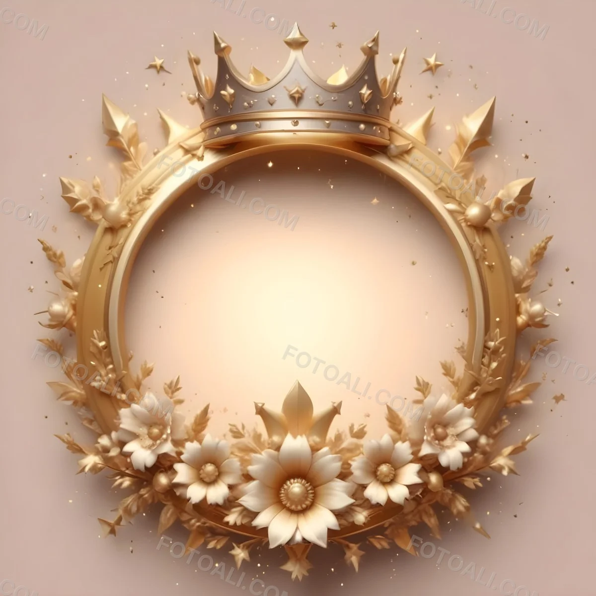 Digital Painting A Golden Circular Frame With A Crown On Top Surrounded By Stars And Floral Elements The Frame Has A Warm Glowing Background Bold And Slim Lines Brush Strokes 22 4453