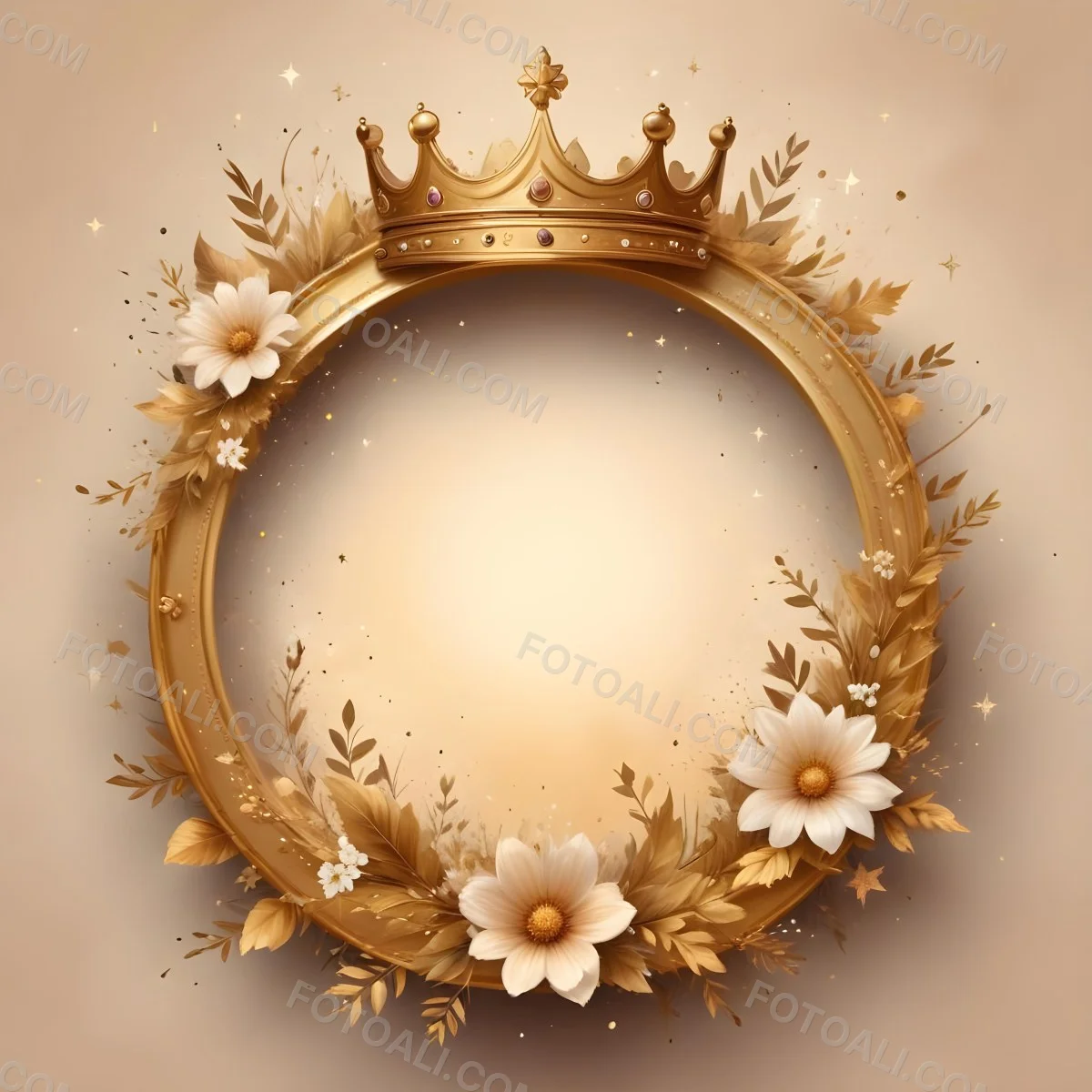 Digital Painting A Golden Circular Frame With A Crown On Top Surrounded By Stars And Floral Elements The Frame Has A Warm Glowing Background Bold And Slim Lines Brush Strokes 27 Bafe