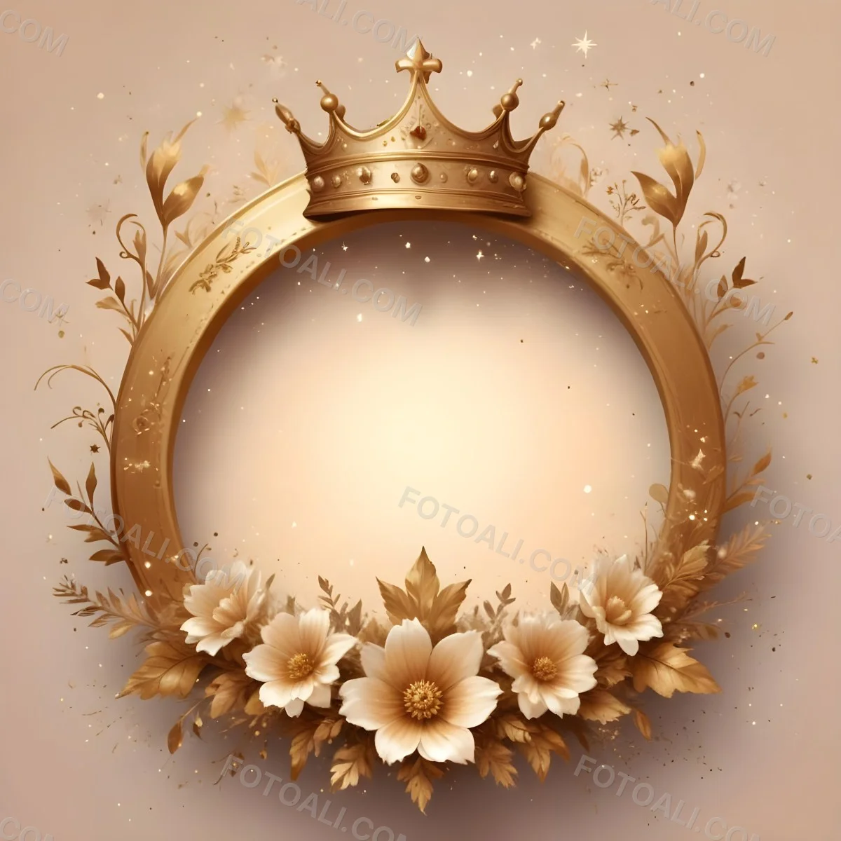 Digital Painting A Golden Circular Frame With A Crown On Top Surrounded By Stars And Floral Elements The Frame Has A Warm Glowing Background Bold And Slim Lines Brush Strokes 28 09cc