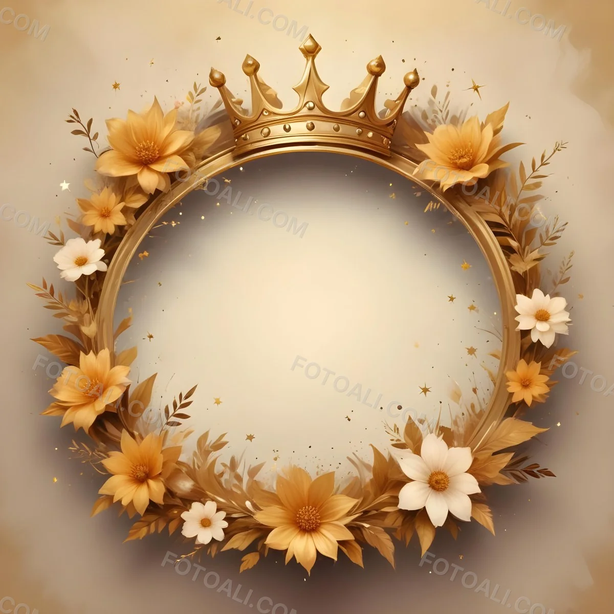 Digital Painting A Golden Circular Frame With A Crown On Top Surrounded By Stars And Floral Elements The Frame Has A Warm Glowing Background Bold And Slim Lines Brush Strokes 29 0aea