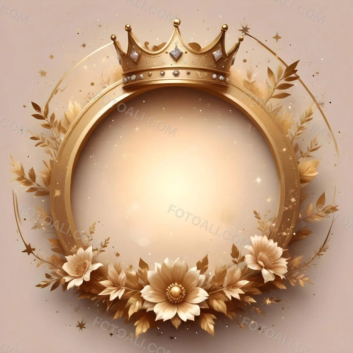 Digital Painting A Golden Circular Frame With A Crown On Top Surrounded By Stars And Floral Elements The Frame Has A Warm Glowing Background Bold And Slim Lines Brush Strokes 30 F468
