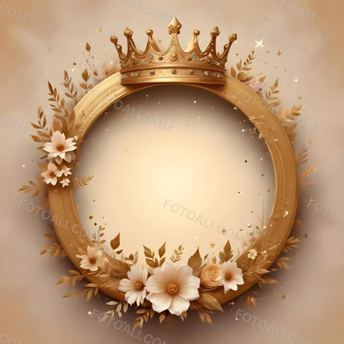 Digital Painting A Golden Circular Frame With A Crown On Top Surrounded By Stars And Floral Elements The Frame Has A Warm Glowing Background Bold And Slim Lines Brush Strokes 31 1650