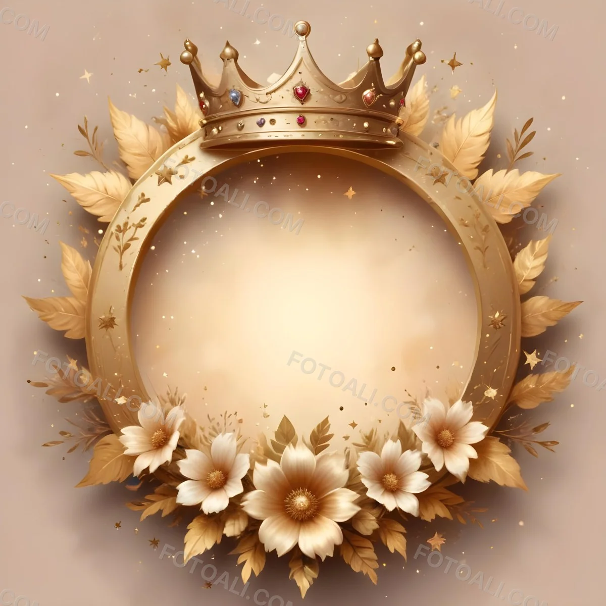 Digital Painting A Golden Circular Frame With A Crown On Top Surrounded By Stars And Floral Elements The Frame Has A Warm Glowing Background Bold And Slim Lines Brush Strokes 32 D833
