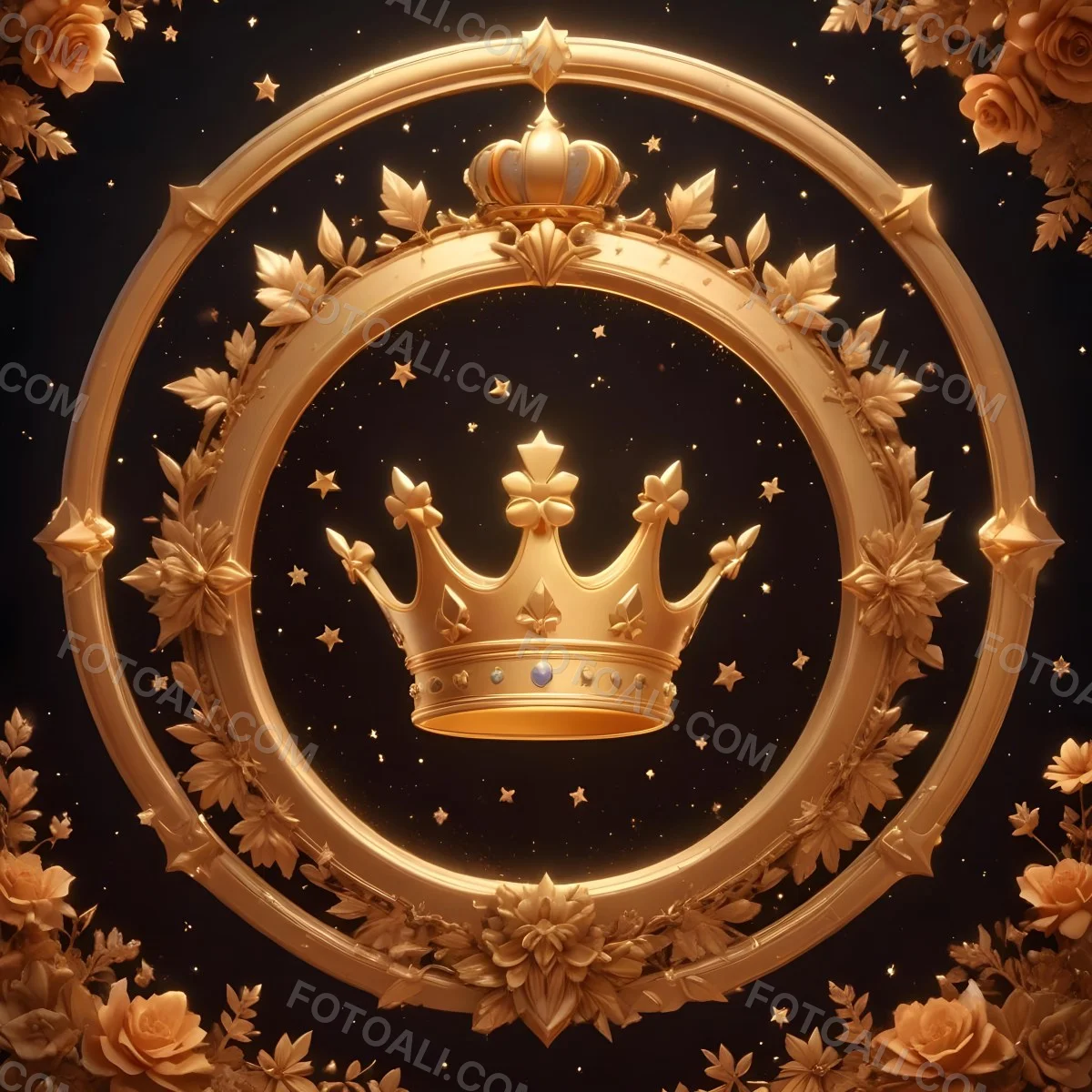 Digital Painting A Golden Circular Frame With A Crown On Top Surrounded By Stars And Floral Elements The Frame Has A Warm Glowing Background Bold And Slim Lines Brush Strokes 4 D89a