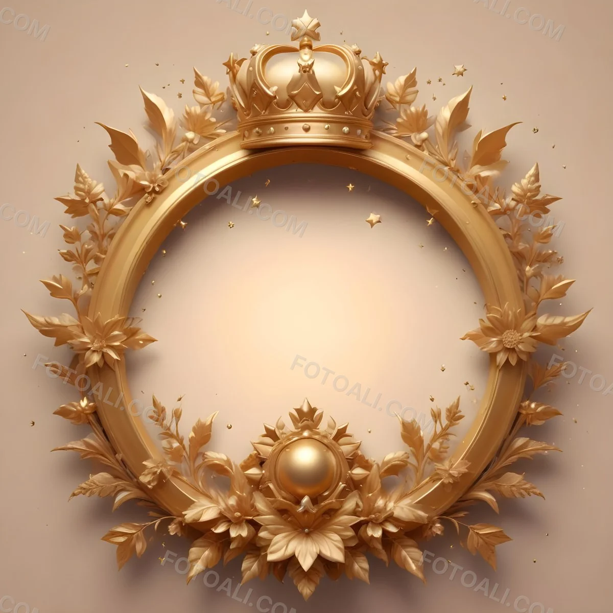 Digital Painting A Golden Circular Frame With A Crown On Top Surrounded By Stars And Floral Elements The Frame Has A Warm Glowing Background Bold And Slim Lines Brush Strokes 6 9dc6