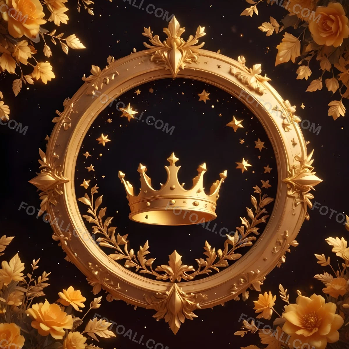Digital Painting A Golden Circular Frame With A Crown On Top Surrounded By Stars And Floral Elements The Frame Has A Warm Glowing Background Bold And Slim Lines Brush Strokes 7 48d4
