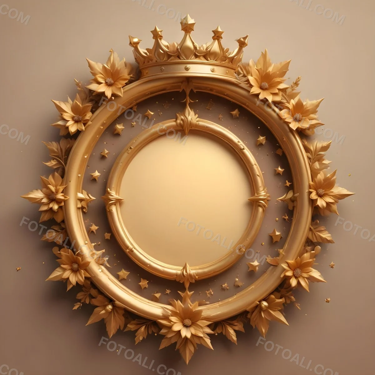 Digital Painting A Golden Circular Frame With A Crown On Top Surrounded By Stars And Floral Elements The Frame Has A Warm Glowing Background Bold And Slim Lines Brush Strokes 8 0718