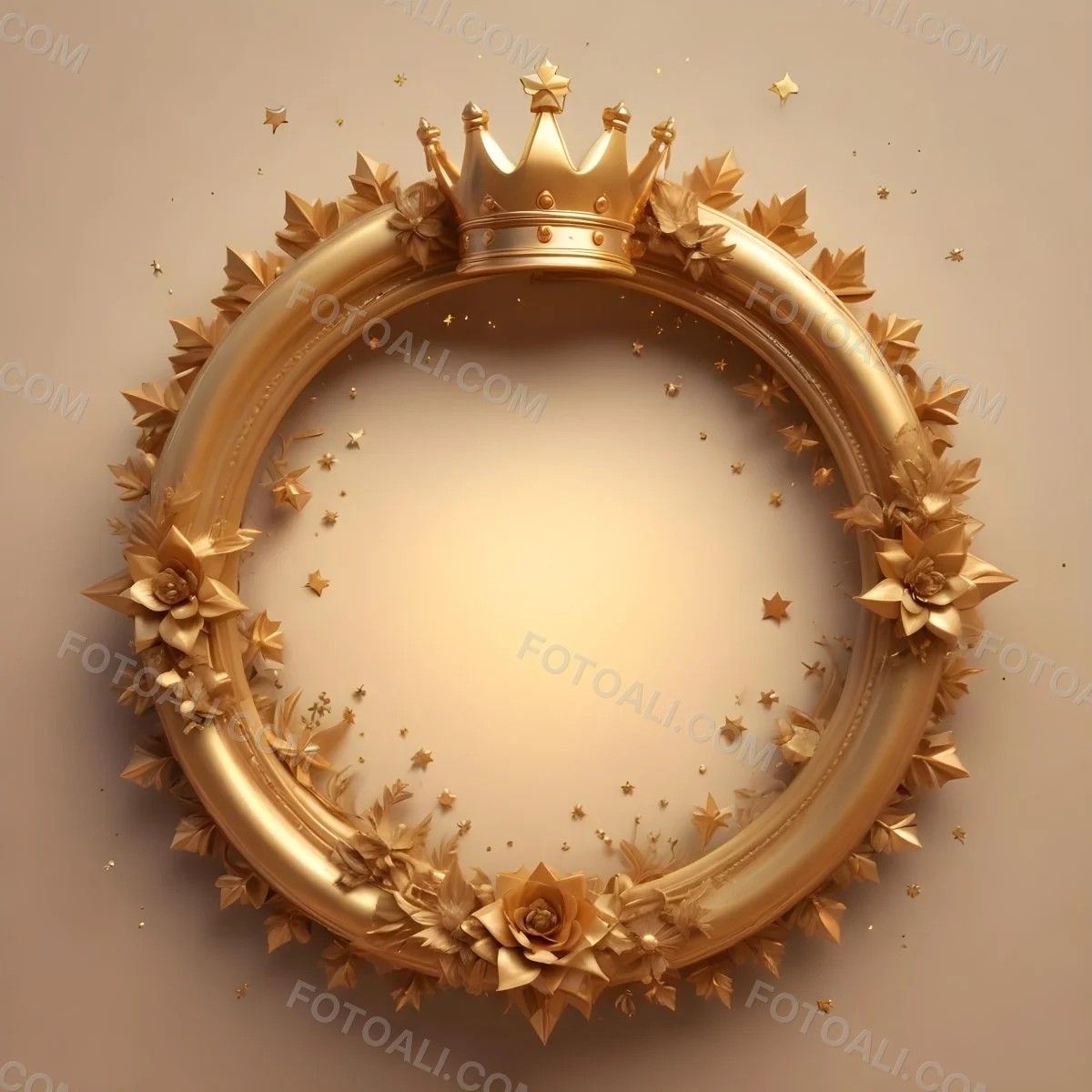 Digital Painting A Golden Circular Frame With A Crown On Top Surrounded By Stars And Floral Elements The Frame Has A Warm Glowing Background Bold And Slim Lines Brush Strokes 9 0036