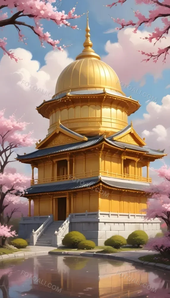 Digital Painting A Golden Domed Temple Or Palace With Intricate Architectural Details Surrounded By A Blooming Cherry Blossom Tree With Pink Flowers Against A Cloudy Sky Background Bold And Slim Lines Brush Strokes 12 4db0