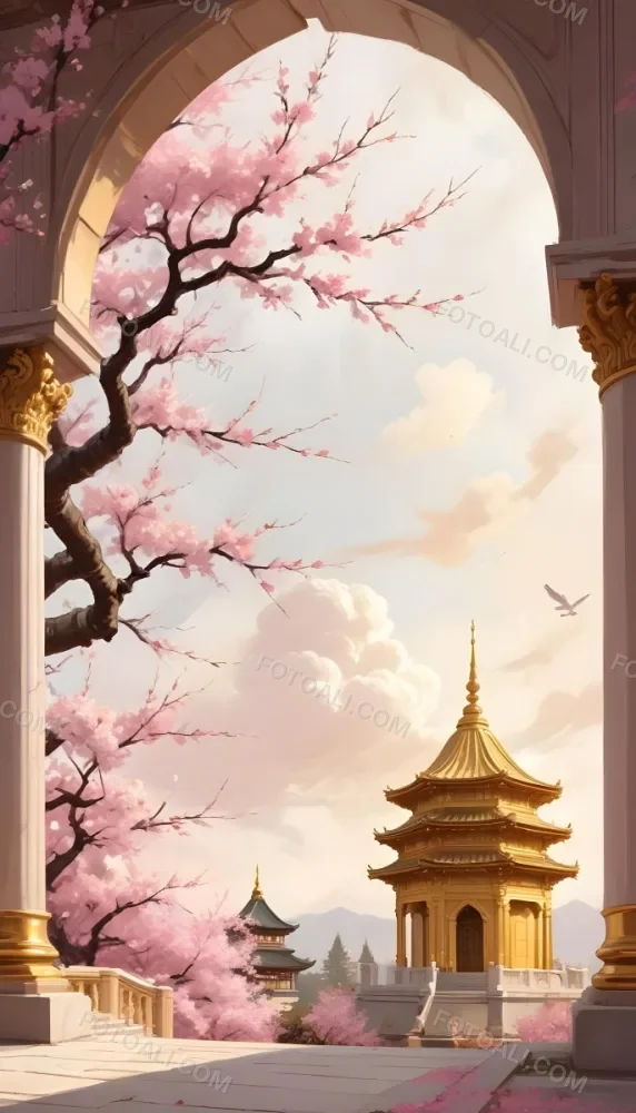 Digital Painting A Golden Domed Temple Or Palace With Intricate Architectural Details Surrounded By A Blooming Cherry Blossom Tree With Pink Flowers Against A Cloudy Sky Background Bold And Slim Lines Brush Strokes 17 7fb7