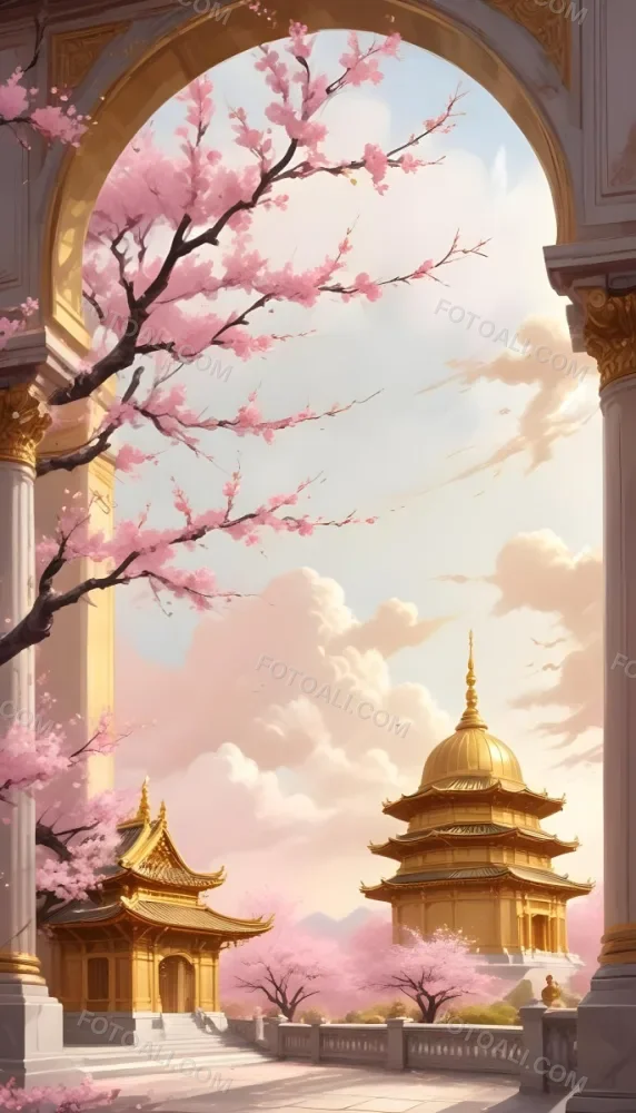 Digital Painting A Golden Domed Temple Or Palace With Intricate Architectural Details Surrounded By A Blooming Cherry Blossom Tree With Pink Flowers Against A Cloudy Sky Background Bold And Slim Lines Brush Strokes 21 D588