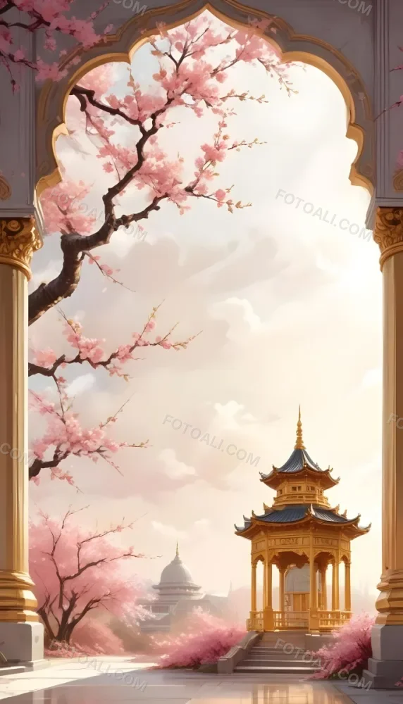 Digital Painting A Golden Domed Temple Or Palace With Intricate Architectural Details Surrounded By A Blooming Cherry Blossom Tree With Pink Flowers Against A Cloudy Sky Background Bold And Slim Lines Brush Strokes 22 8ece