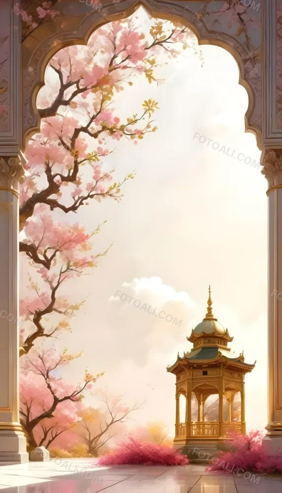 Digital Painting A Golden Domed Temple Or Palace With Intricate Architectural Details Surrounded By A Blooming Cherry Blossom Tree With Pink Flowers Against A Cloudy Sky Background Bold And Slim Lines Brush Strokes 27 7614
