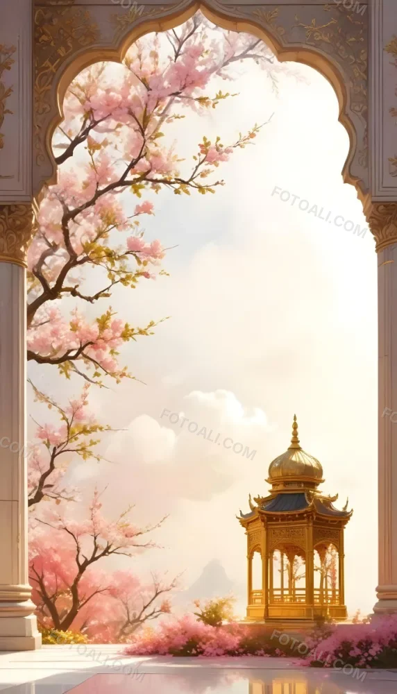 Digital Painting A Golden Domed Temple Or Palace With Intricate Architectural Details Surrounded By A Blooming Cherry Blossom Tree With Pink Flowers Against A Cloudy Sky Background Bold And Slim Lines Brush Strokes 28 F809