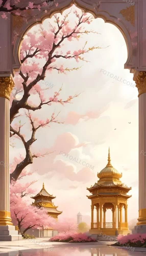 Digital Painting A Golden Domed Temple Or Palace With Intricate Architectural Details Surrounded By A Blooming Cherry Blossom Tree With Pink Flowers Against A Cloudy Sky Background Bold And Slim Lines Brush Strokes 31 Dde4