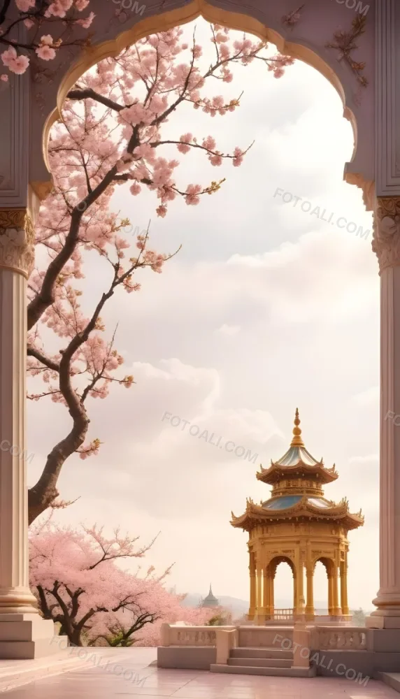 Digital Painting A Golden Domed Temple Or Palace With Intricate Architectural Details Surrounded By A Blooming Cherry Blossom Tree With Pink Flowers Against A Cloudy Sky Background Bold And Slim Lines Brush Strokes 33 9b38