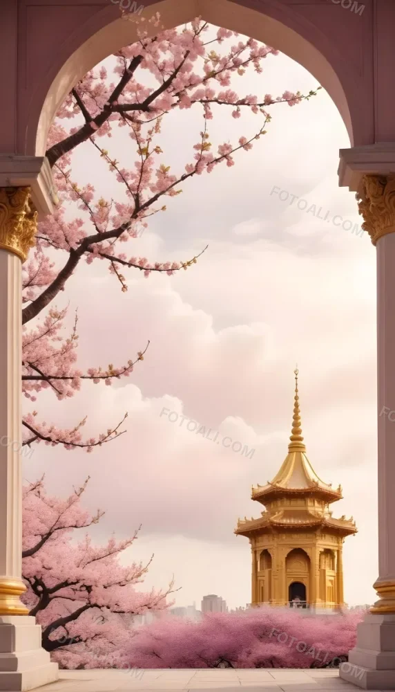 Digital Painting A Golden Domed Temple Or Palace With Intricate Architectural Details Surrounded By A Blooming Cherry Blossom Tree With Pink Flowers Against A Cloudy Sky Background Bold And Slim Lines Brush Strokes 34 575d