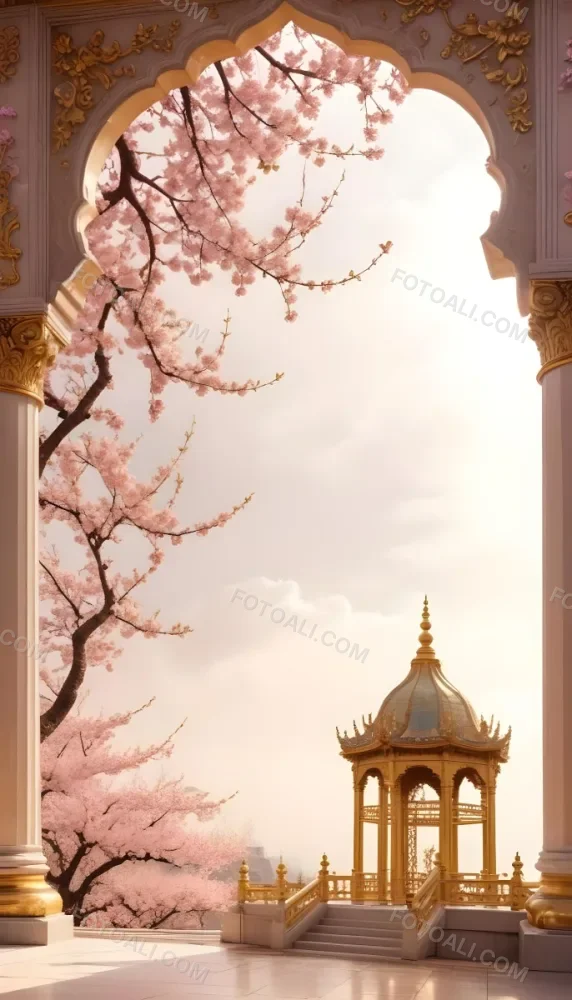 Digital Painting A Golden Domed Temple Or Palace With Intricate Architectural Details Surrounded By A Blooming Cherry Blossom Tree With Pink Flowers Against A Cloudy Sky Background Bold And Slim Lines Brush Strokes 36 47bf