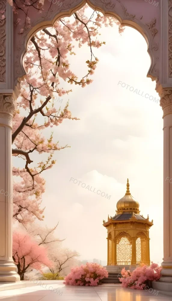Digital Painting A Golden Domed Temple Or Palace With Intricate Architectural Details Surrounded By A Blooming Cherry Blossom Tree With Pink Flowers Against A Cloudy Sky Background Bold And Slim Lines Brush Strokes 38 6e45